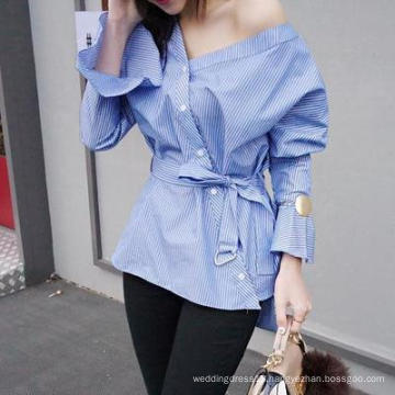 2019 Long Sleeve Ruffle Slim  Striated Turn-down Collar Dip Hem Elegant Blouse for women